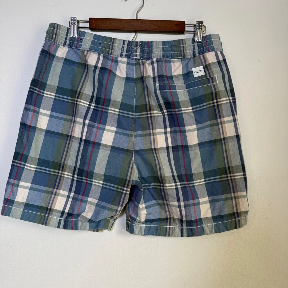 American Eagle‎ Classic Plaid Drawstring Shorts Size M Blue Green